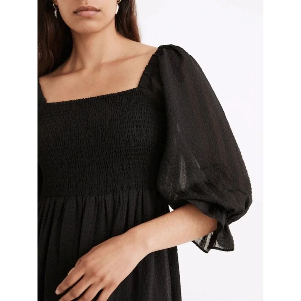 Madewell Lucie Black Smocked Square Neck Midi Dress Puff Sleeve Cottagecore M